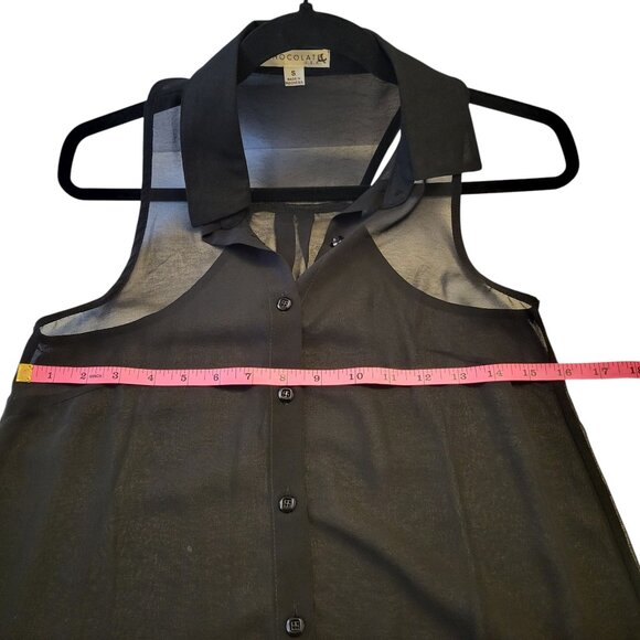 CHOCOLATE | Black Sleeveless Button Sheer Blouse - Picture 7 of 10
